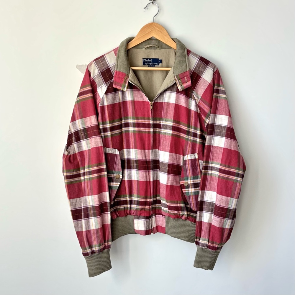 Vintage Polo Ralph Lauren Madras Plaid Bomber Jacket Size L Multicolor Red